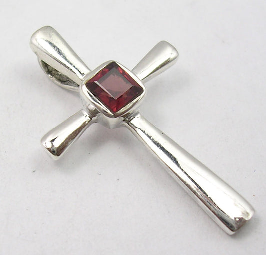 925 Sterling Silver Garnet Cross Pendant 1.2"