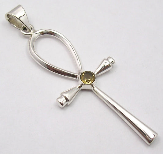 925 Sterling Silver Citrine Cross Pendant 2.3"