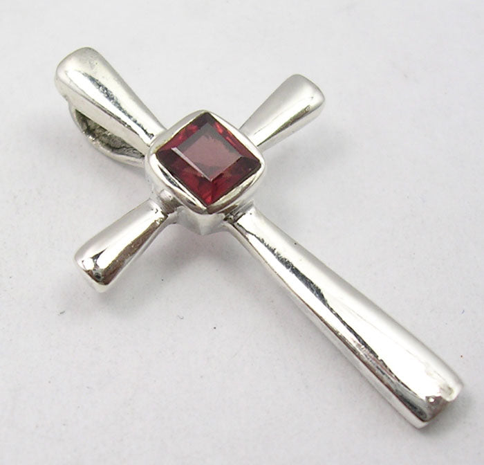 925 Sterling Silver Garnet Cross Pendant 1.2"